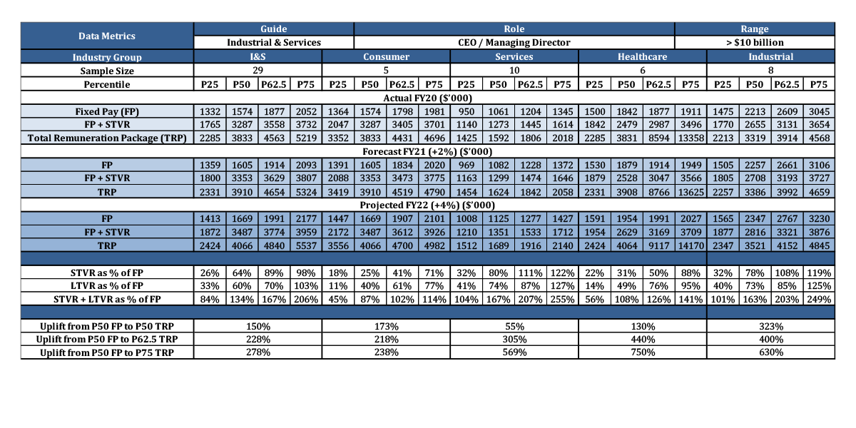 Sample remuneration data table for executives in the Industrial & Services sector