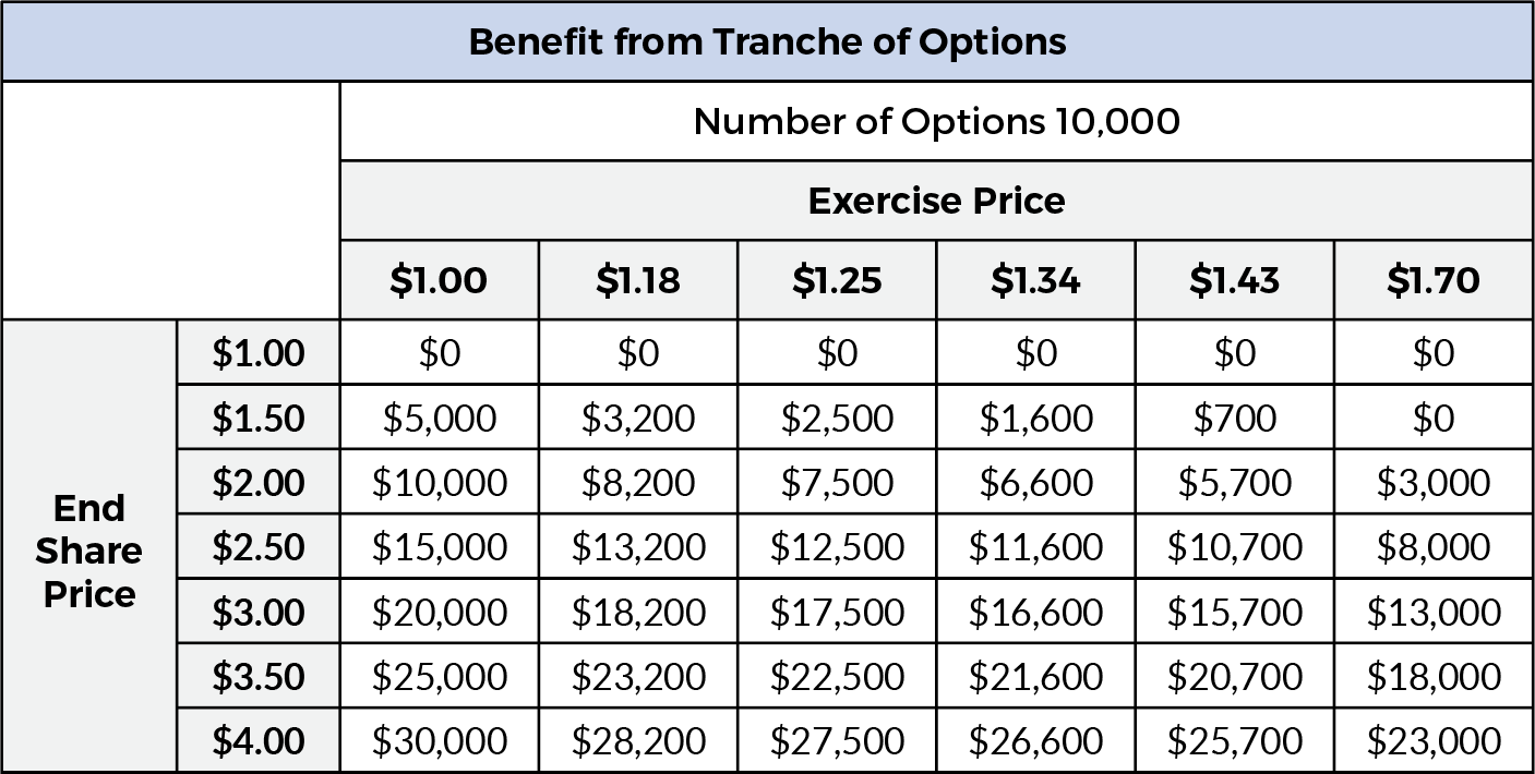 Matrix showing benefit from tranche of options