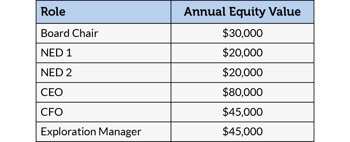 ri126-table1 A table displays annual equity values for various roles: Board Chair ($30,000), NED 1 ($20,000), NED 2 ($20,000), CEO ($80,000), CFO ($45,000), and Exploration Manager ($45,000).