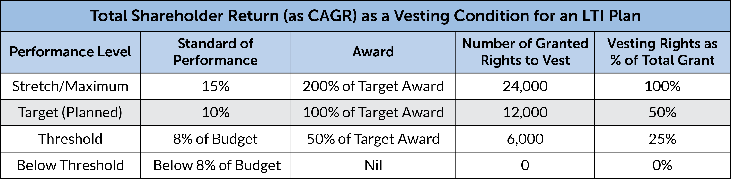 Table: Total Shareholder Return (as CAGR) as a Vesting Condition for an LTI Plan