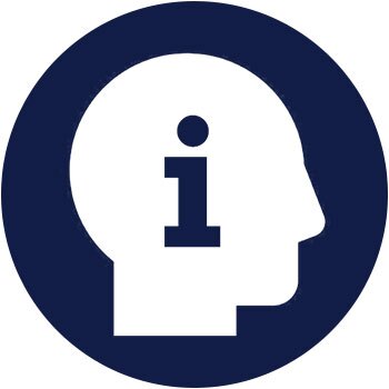 A stylized white human head silhouette with an "i" inside it against a navy-blue circular background, symbolizing information.