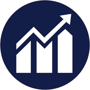 Three white rising bar graphs with a white arrow pointing up to the right, against a navy blue circular background.