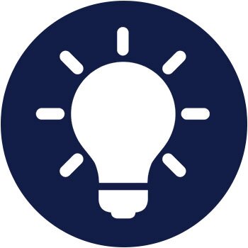 A white lightbulb icon with radiating lines symbolizing light, centeed on a circular dark blue background.