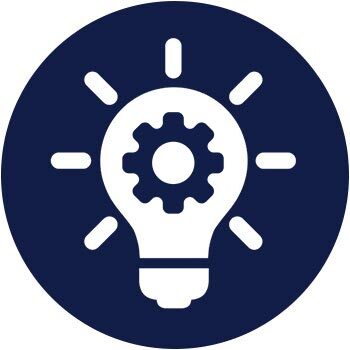 A light bulb with a gear inside it is centred against a dark blue background, symbolising innovation or idea generation.